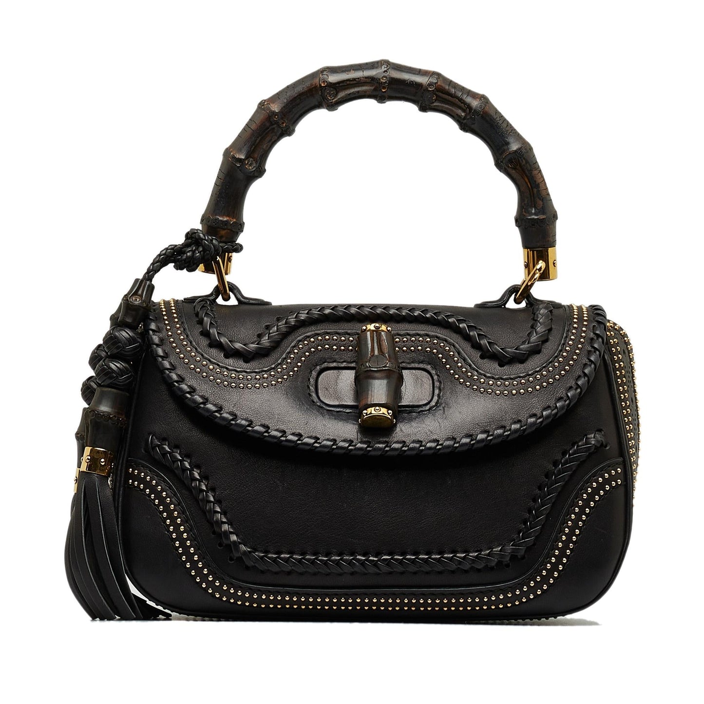 Gucci Studded New Bamboo Tassel SHG-LOkrtI Calf Black Medium Satchel Bag