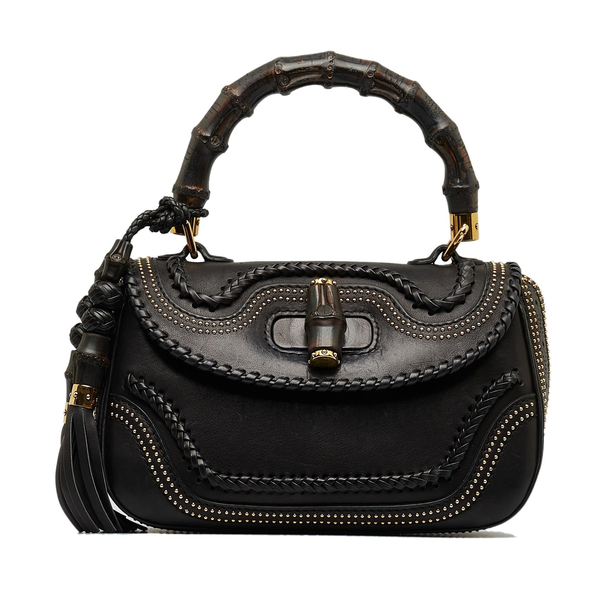 Gucci Studded New Bamboo Tassel SHG-LOkrtI Calf Black Medium Satchel Bag