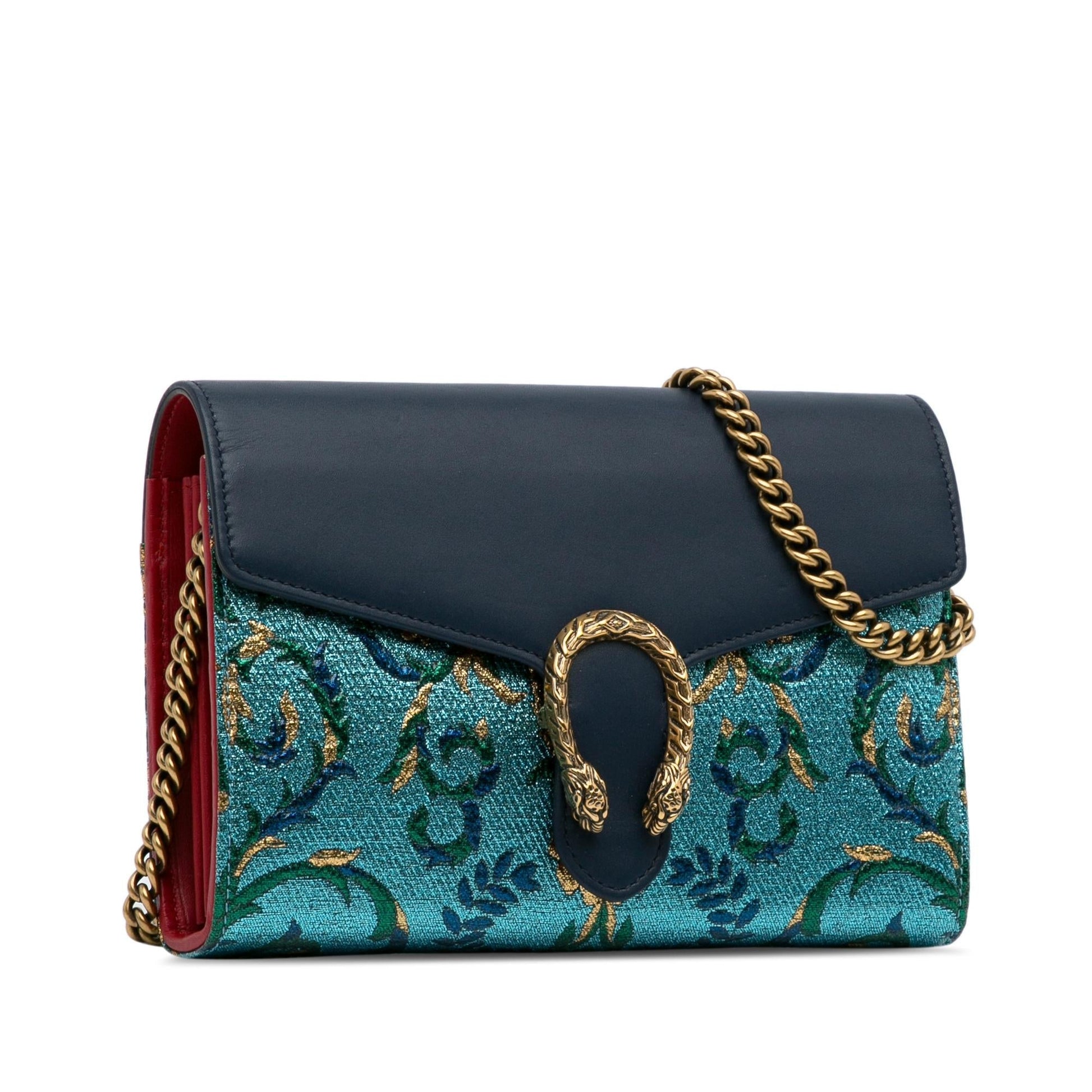Gucci Metallic Brocade Dionysus Wallet on Calf Blue Chain Crossbody Bag