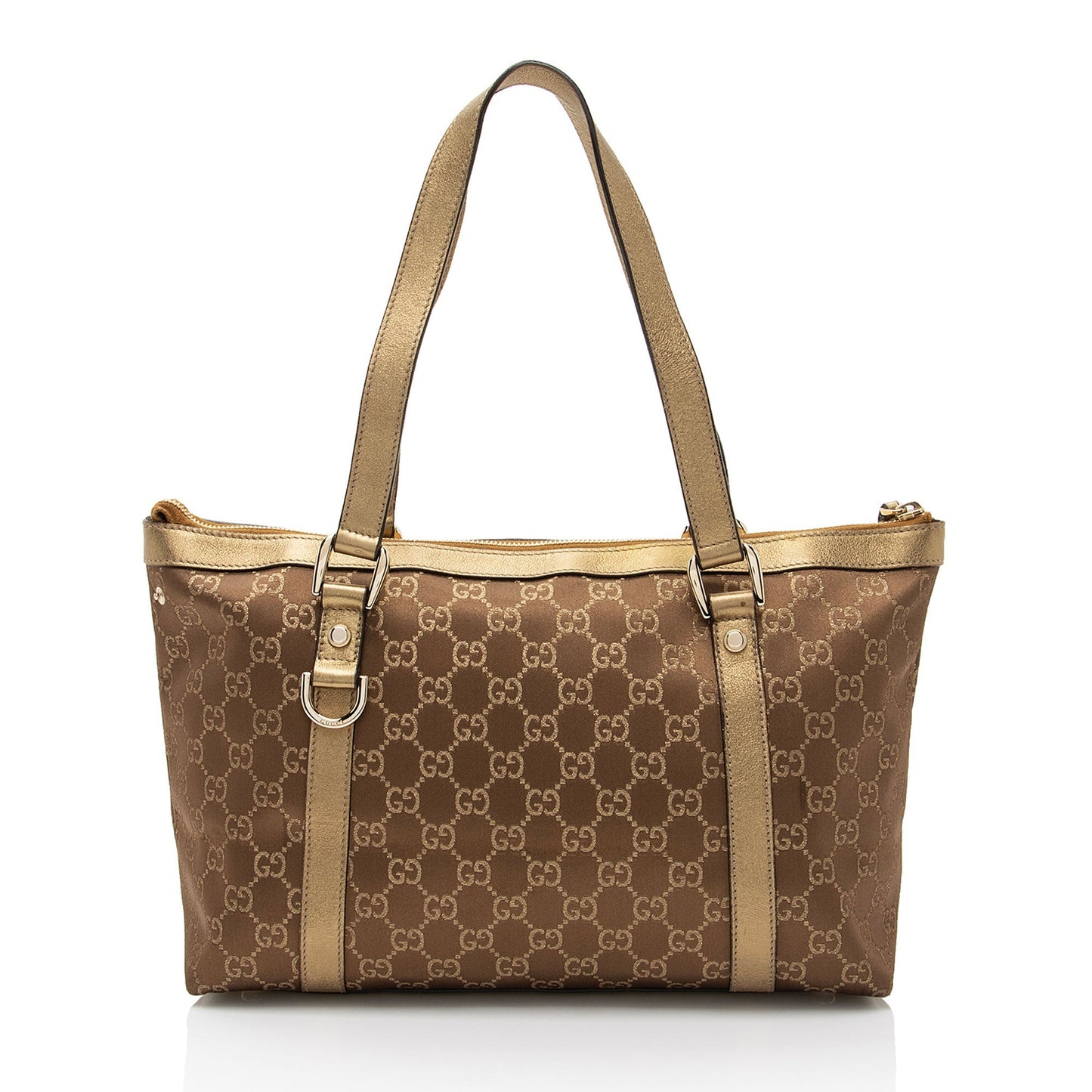 Gucci Metallic GG Abbey Leather Canvas Satin Brown Tote Bag