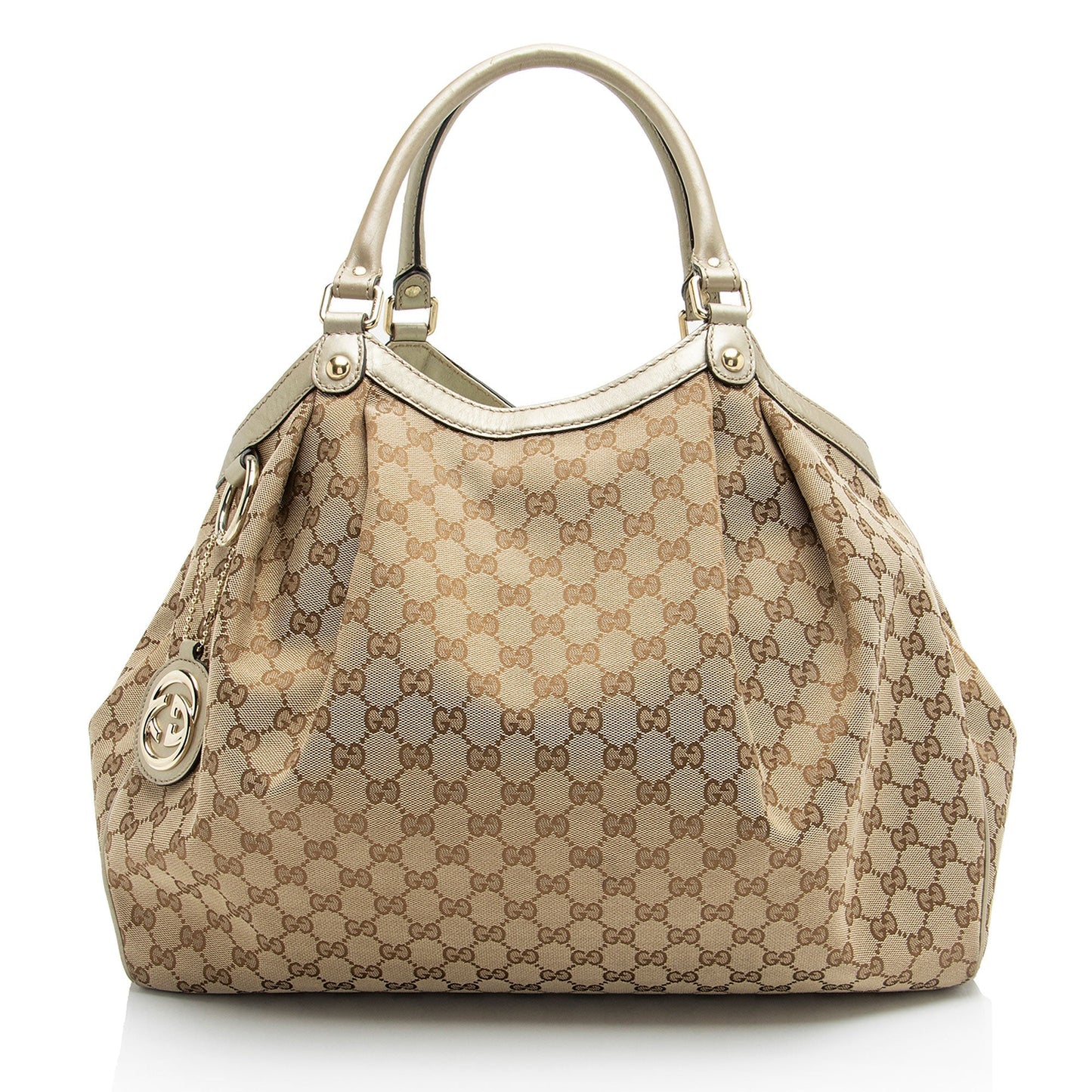 Gucci Metallic GG Sukey Leather Canvas Beige Gold Tote Bag