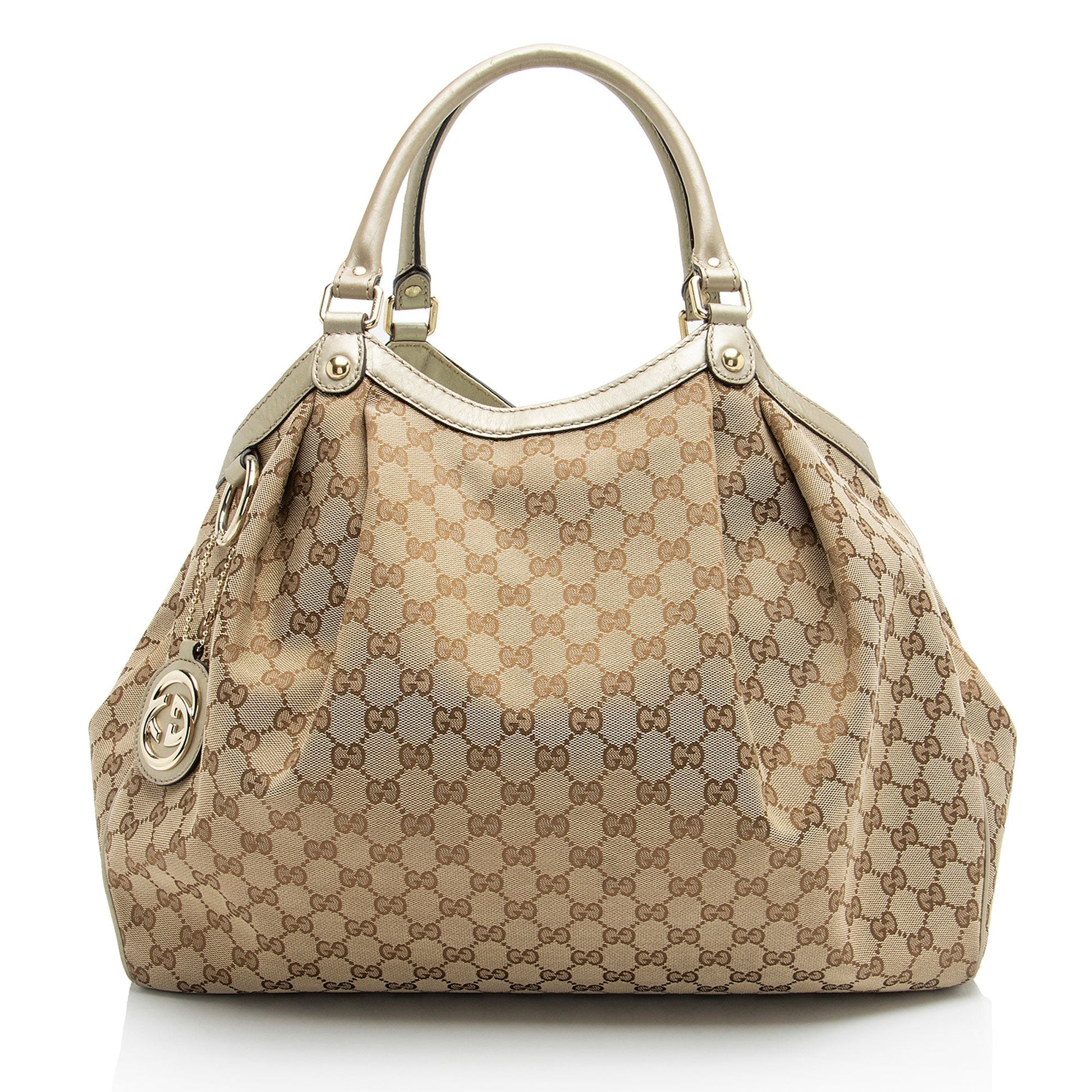 Gucci Metallic GG Sukey Leather Canvas Beige Gold Tote Bag