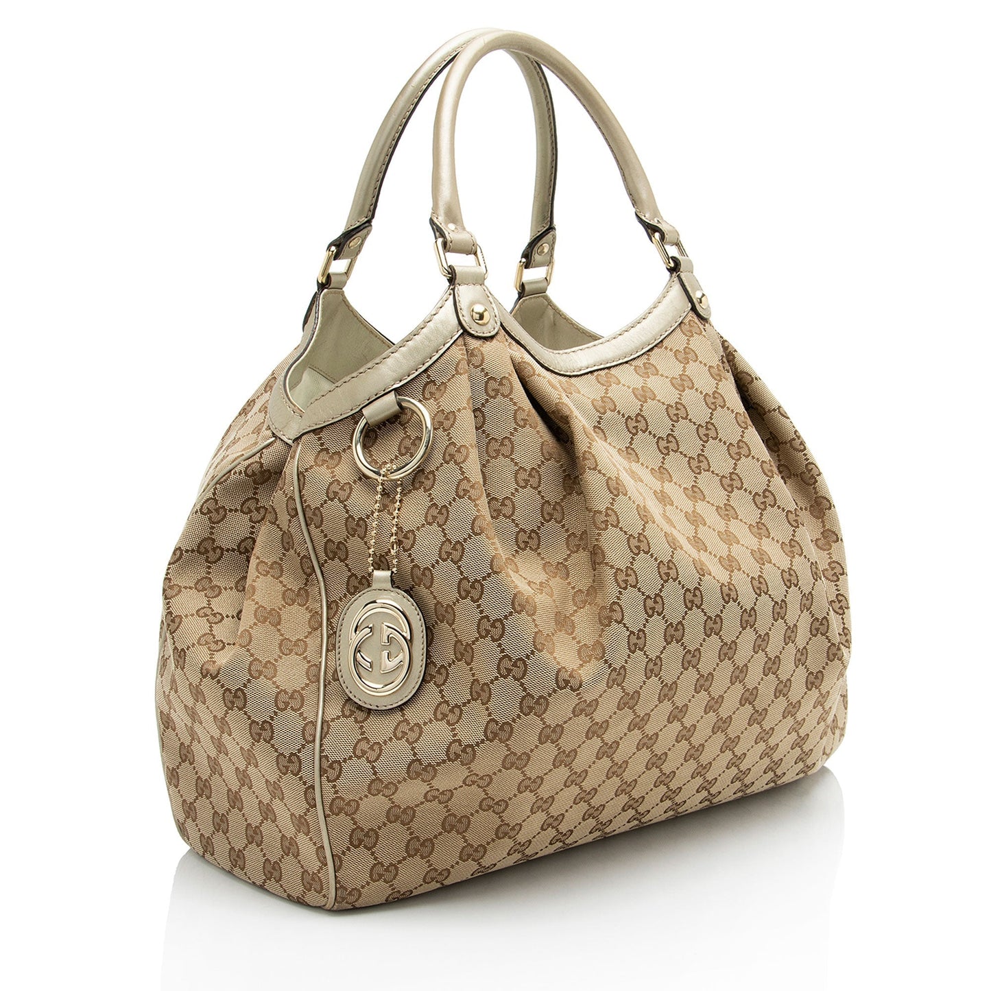Gucci Metallic GG Sukey Leather Canvas Beige Gold Tote Bag