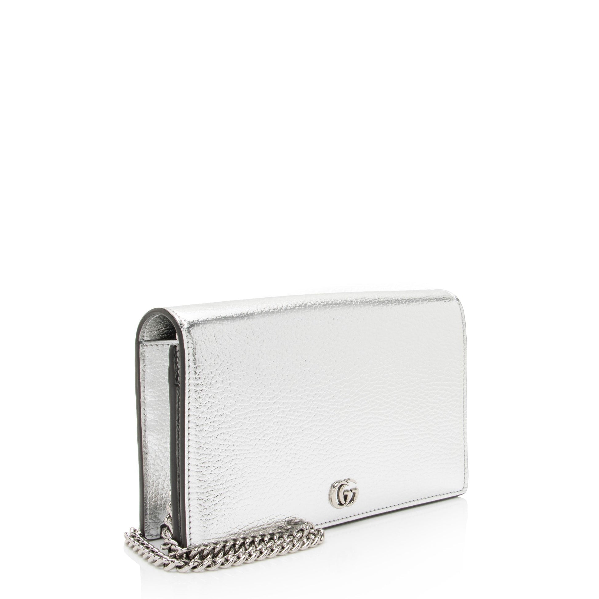 Gucci Metallic GG Marmont Wallet on Leather Silver Chain Crossbody Bag