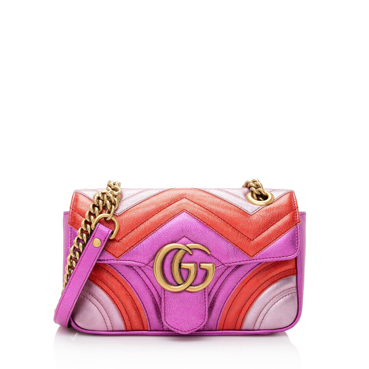 Gucci Metallic GG Marmont SHF Matelasse Leather Red Pink Crossbody Bag