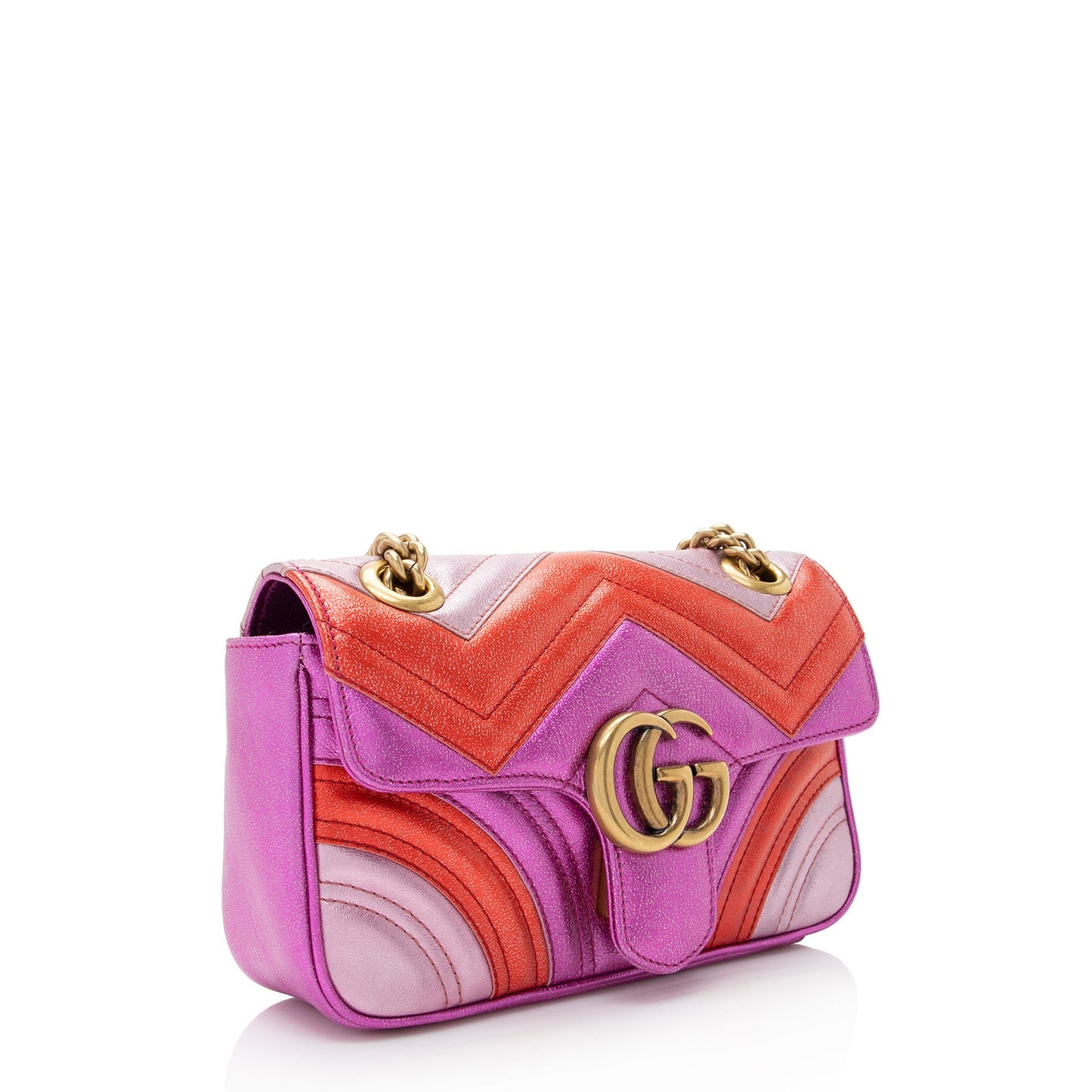 Gucci Metallic GG Marmont SHF Matelasse Leather Red Pink Crossbody Bag