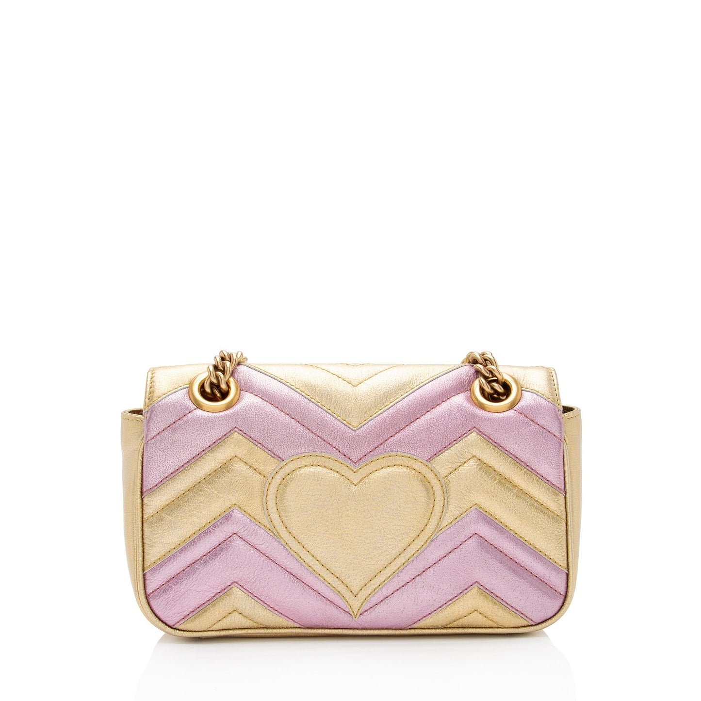 Gucci Metallic GG Marmont Flap SHF-6l0XWs Matelasse Leather Pink Gold Crossbody Bag
