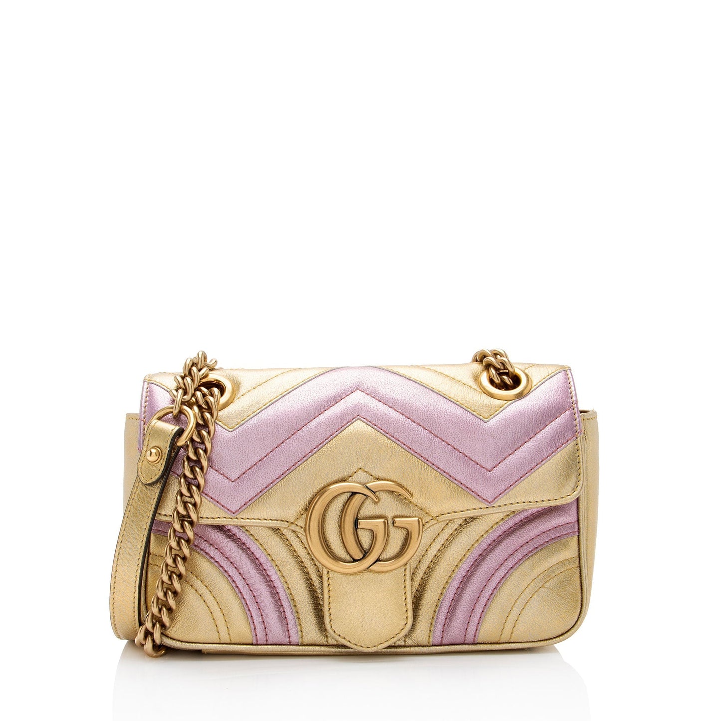 Gucci Metallic GG Marmont Flap SHF-6l0XWs Matelasse Leather Pink Gold Crossbody Bag