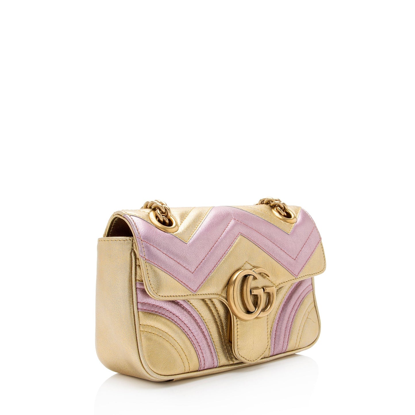 Gucci Metallic GG Marmont Flap SHF-6l0XWs Matelasse Leather Pink Gold Crossbody Bag