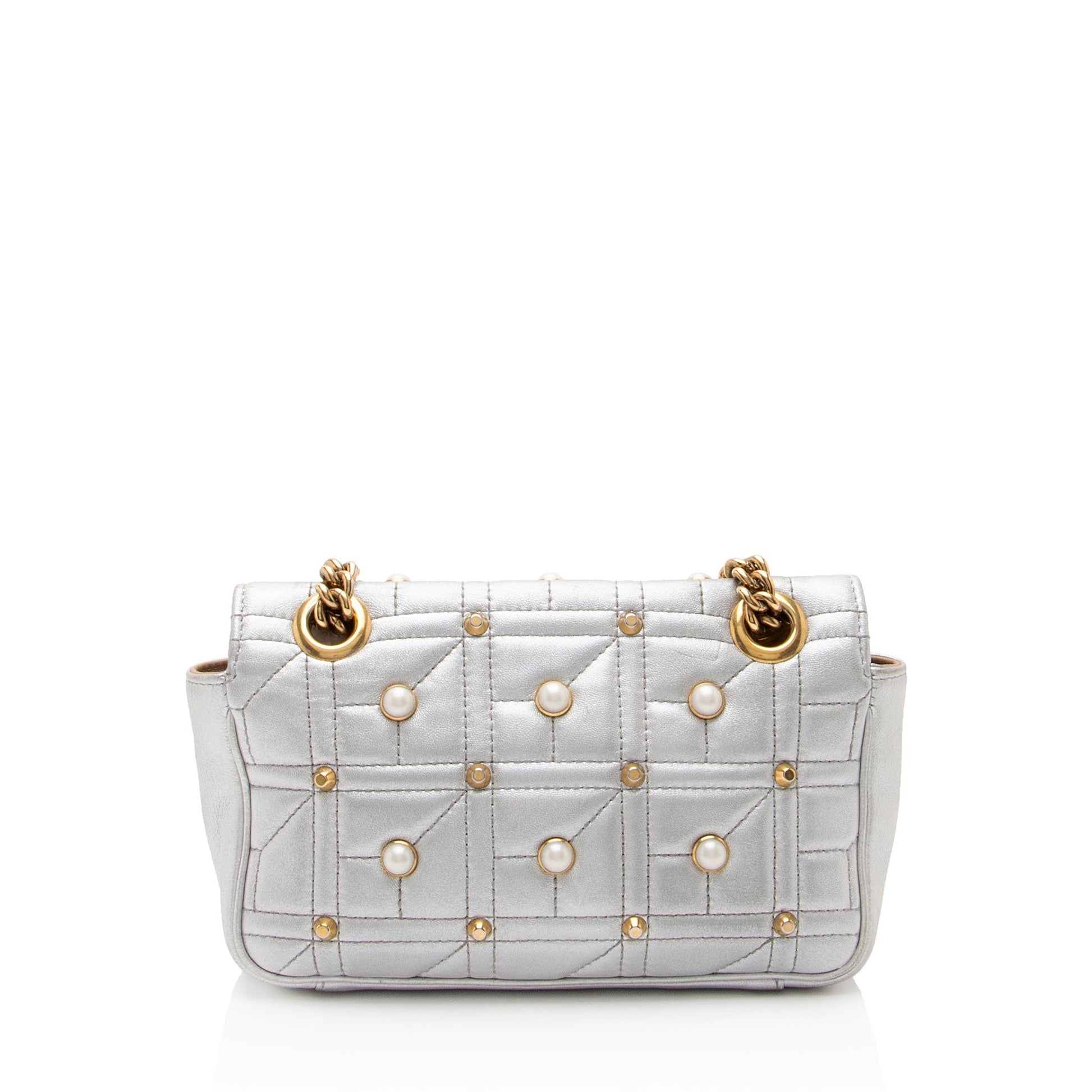 Gucci Metallic Pearl GG Marmont Flap Matelasse Leather Silver Mini Crossbody Bag
