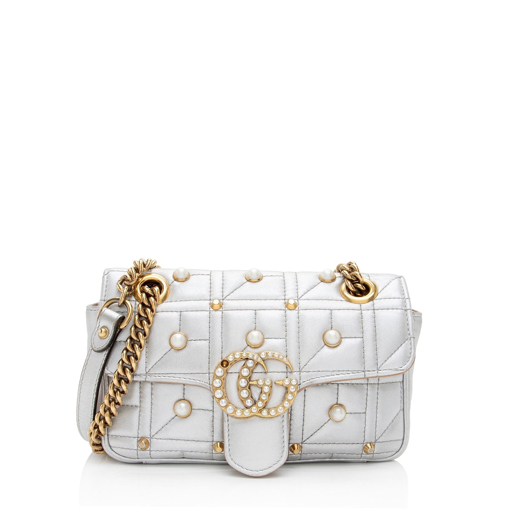 Gucci Metallic Pearl GG Marmont Flap Matelasse Leather Silver Mini Crossbody Bag