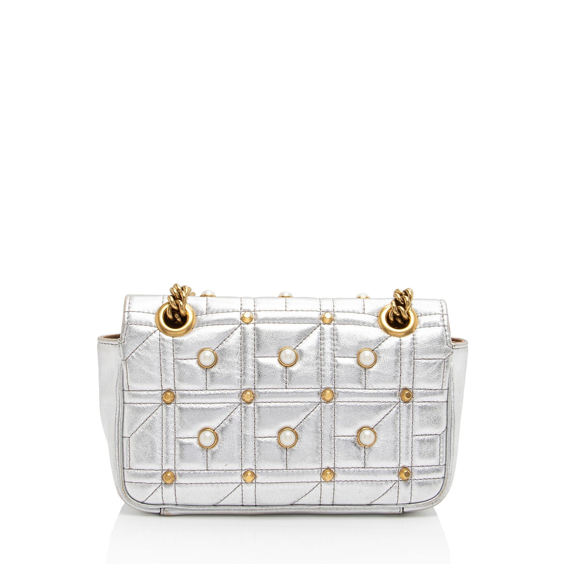 Gucci Metallic Pearl GG Marmont Flap Matelasse Leather Silver Mini Crossbody Bag Shf Pmv358