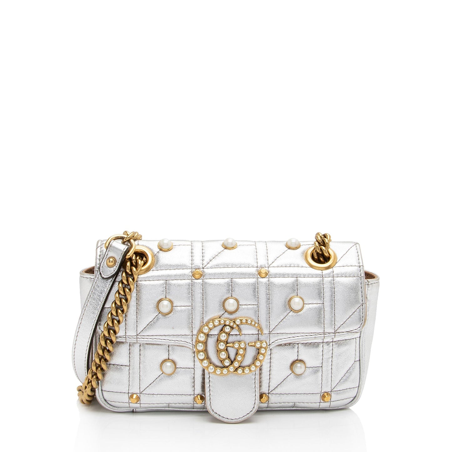 Gucci Metallic Pearl GG Marmont Flap Matelasse Leather Silver Mini Crossbody Bag Shf Pmv358