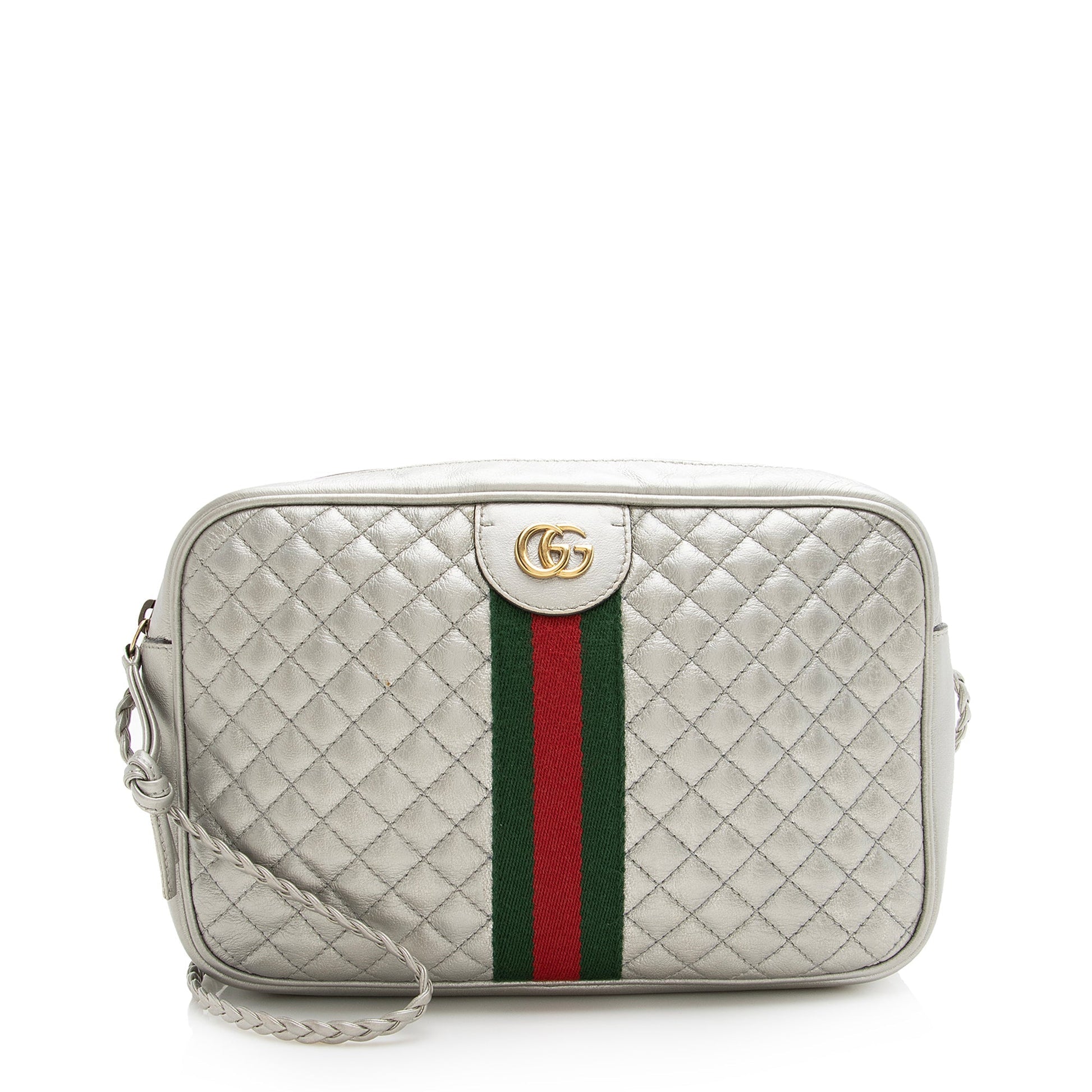 Gucci Metallic Web Trapuntata SHF Quilted Leather Nylon Silver Crossbody Bag