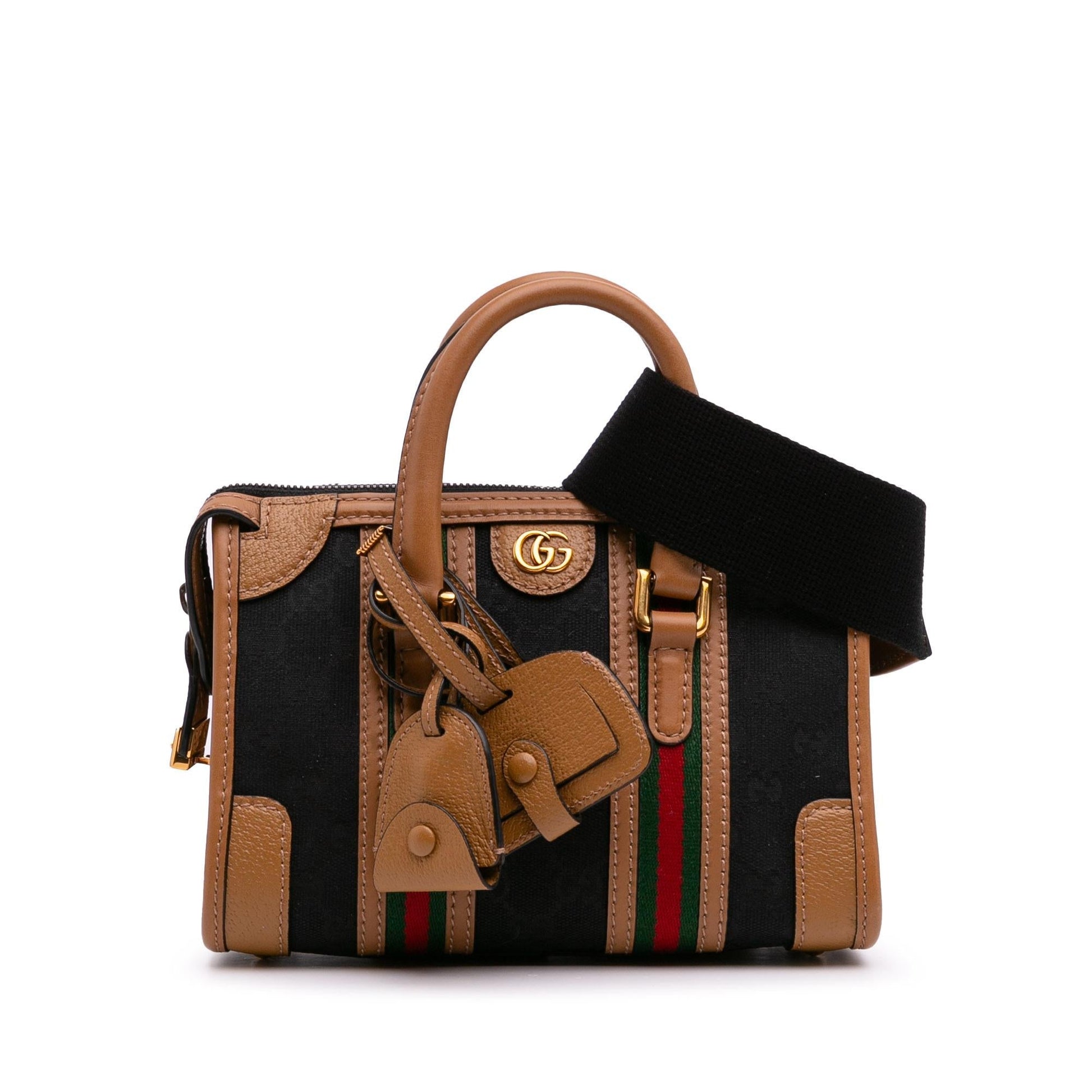 Gucci GG Web Bauletto Top Handle Canvas Calf Black Brown Satchel Bag Bag 1