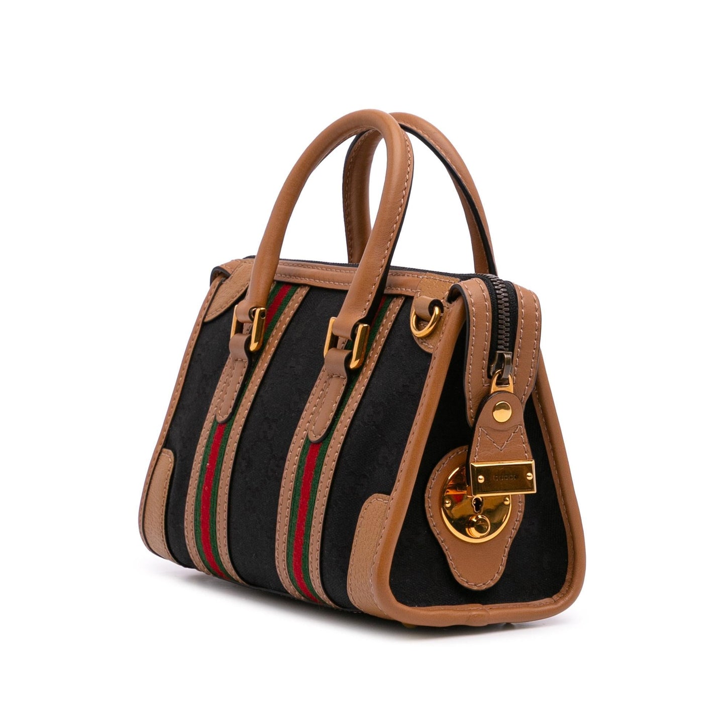 Gucci GG Web Bauletto Top Handle Canvas Calf Black Brown Satchel Bag Bag 1