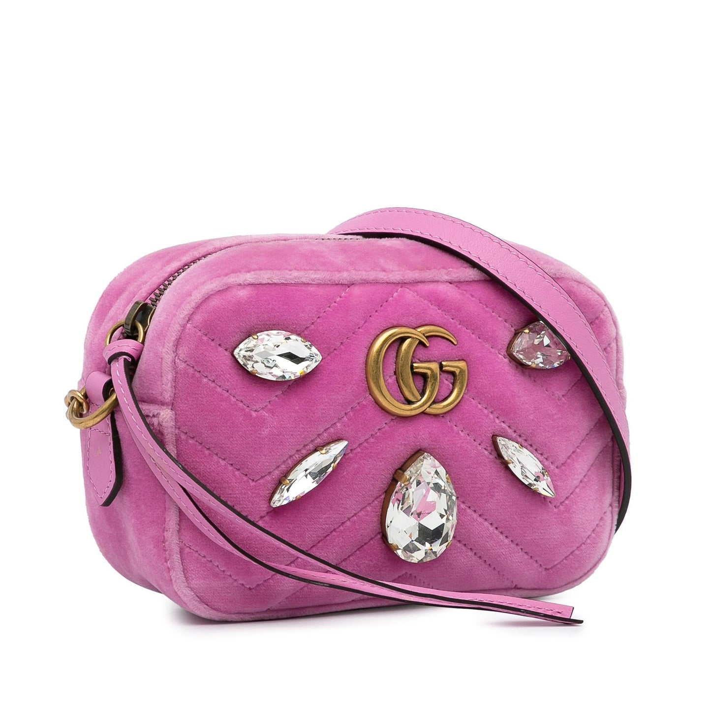 Gucci GG Marmont Crystal Embellished Velvet Pink Mini Crossbody Bag