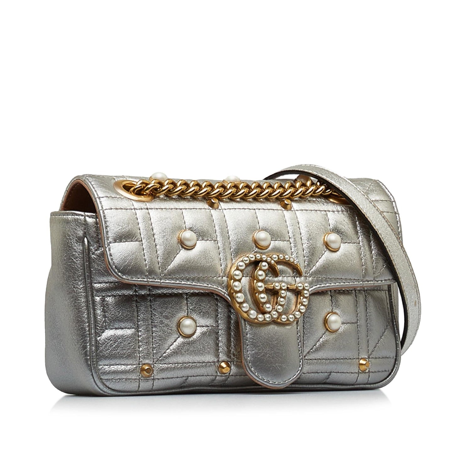Gucci GG Marmont Pearl SHG-NtkRNe Matelasse Calf Silver Mini Crossbody Bag