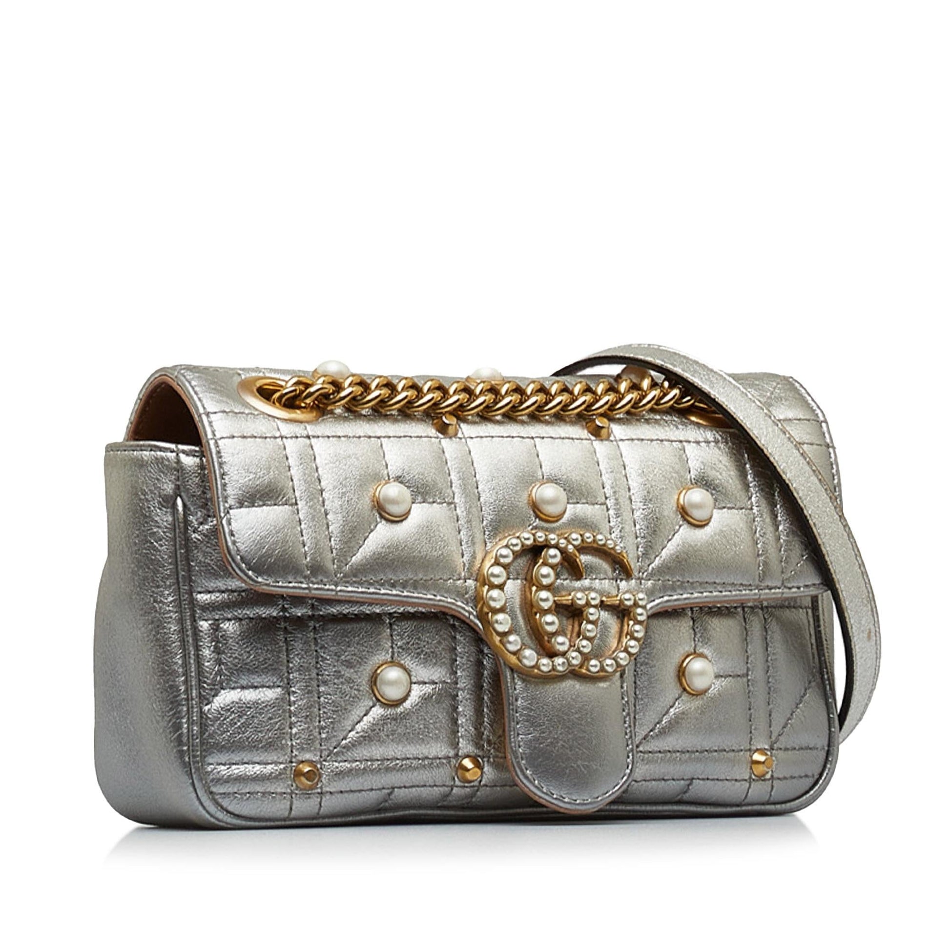 Gucci GG Marmont Pearl SHG-NtkRNe Matelasse Calf Silver Mini Crossbody Bag