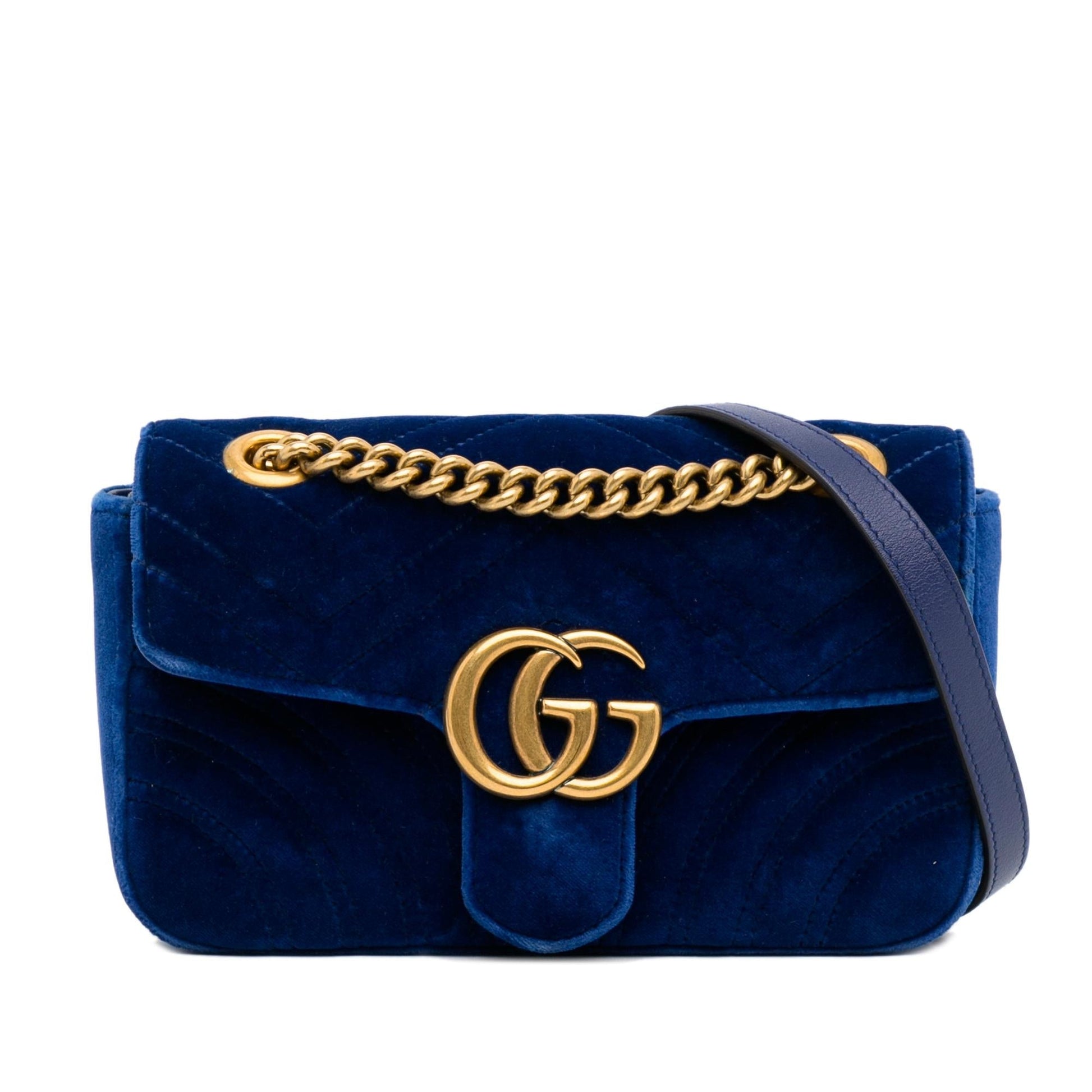 Gucci GG Marmont Velvet SHG-pu0QJn Matelasse Blue Mini Crossbody Bag