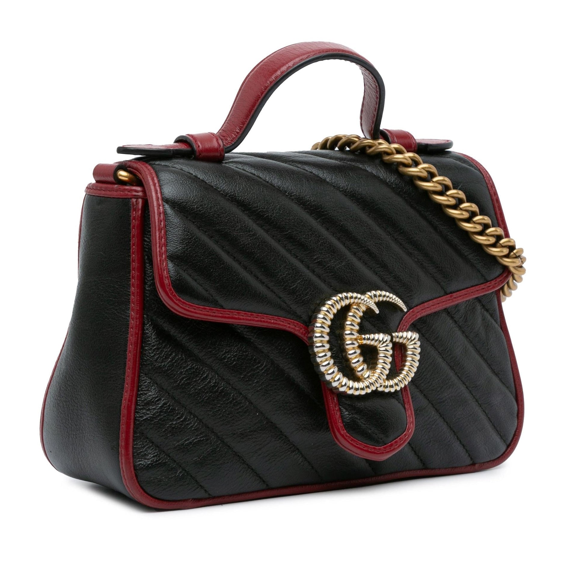 Gucci GG Marmont Torchon Top Handle Calf Black Red Mini Satchel Bag