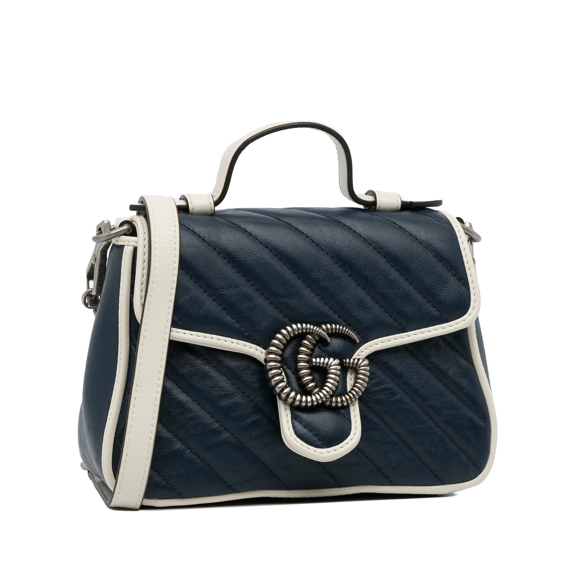 Gucci GG Marmont Torchon SHG-rHq7fo Calf Blue Mini Top Handle Satchel Bag