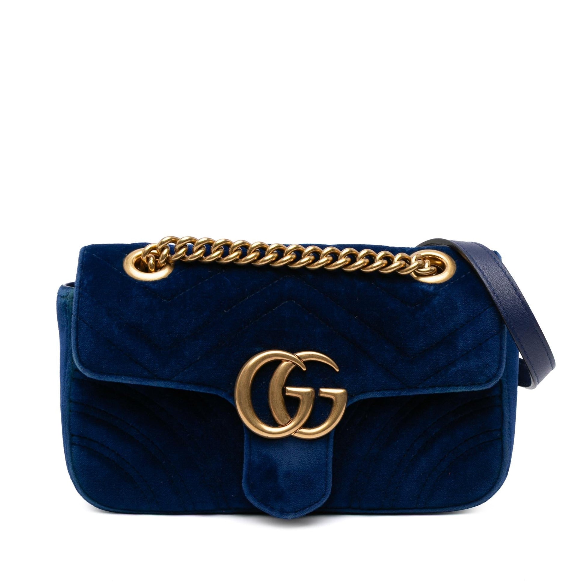 Gucci GG Marmont Velvet Matelasse Blue Mini Flap Crossbody Bag