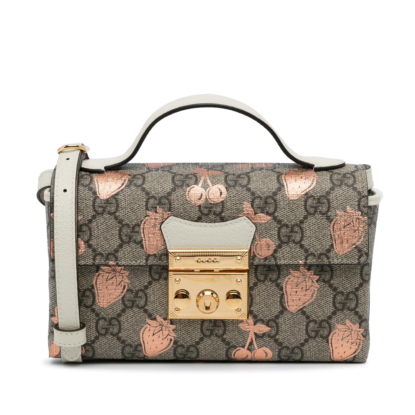 Gucci GG Supreme Berry Padlock SHG-0xk6RT Canvas Calf White Brown Satchel Bag