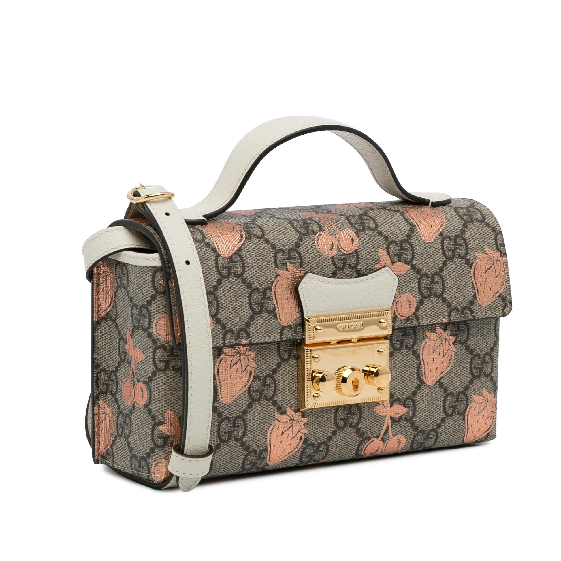 Gucci GG Supreme Berry Padlock SHG-0xk6RT Canvas Calf White Brown Satchel Bag