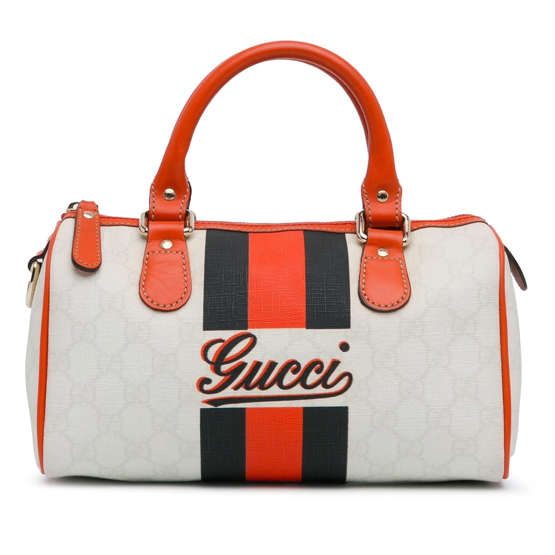 Gucci GG Supreme Joy Web Boston Canvas Calf White Orange Satchel Bag