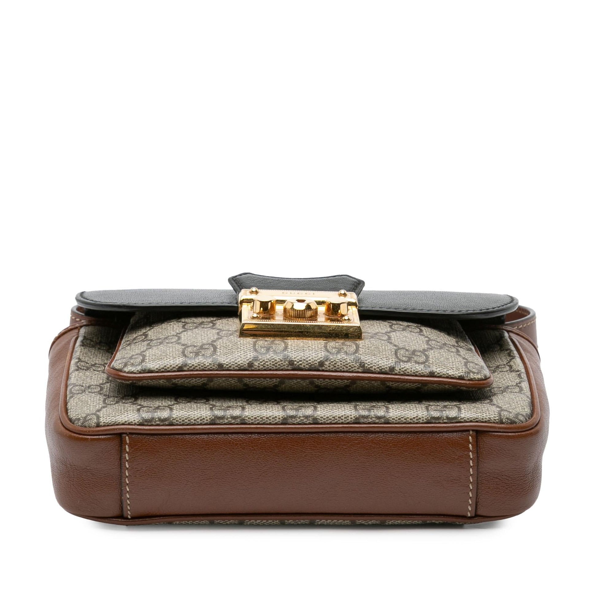 Gucci GG Supreme Padlock Flap Pocket Canvas Calf Calfskin Brown Satchel Bag