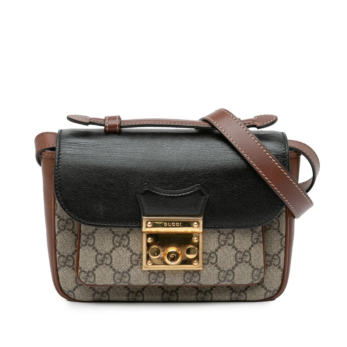 Gucci GG Supreme Padlock Flap Pocket Canvas Calf Calfskin Brown Satchel Bag