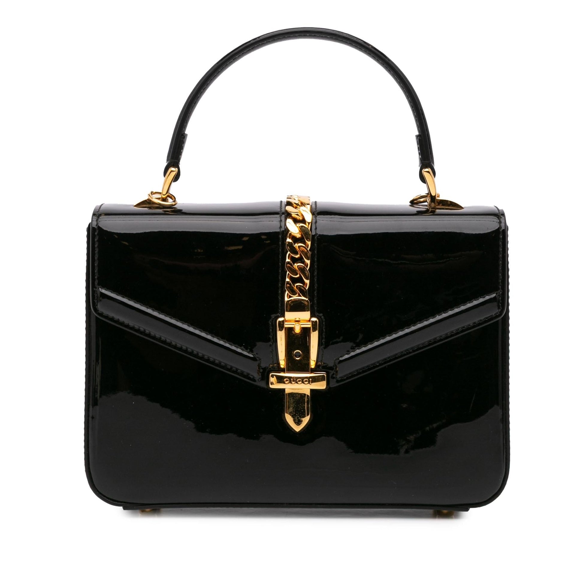 Gucci Sylvie Top Handle Leather Patent Black Mini Satchel Bag