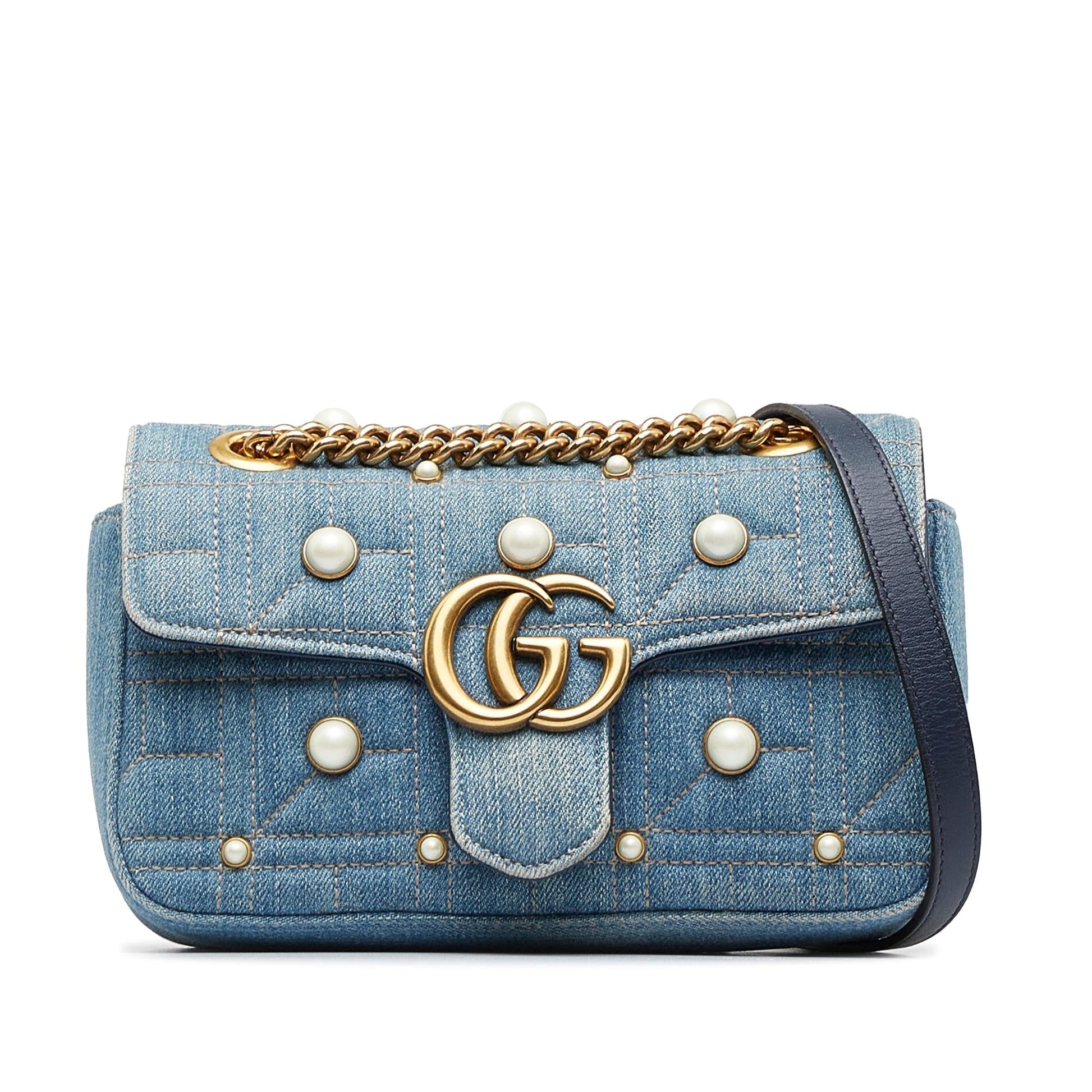 Gucci Pearly GG Marmont SHG-MEWHwS Matelasse Denim Blue Mini Shoulder Bag