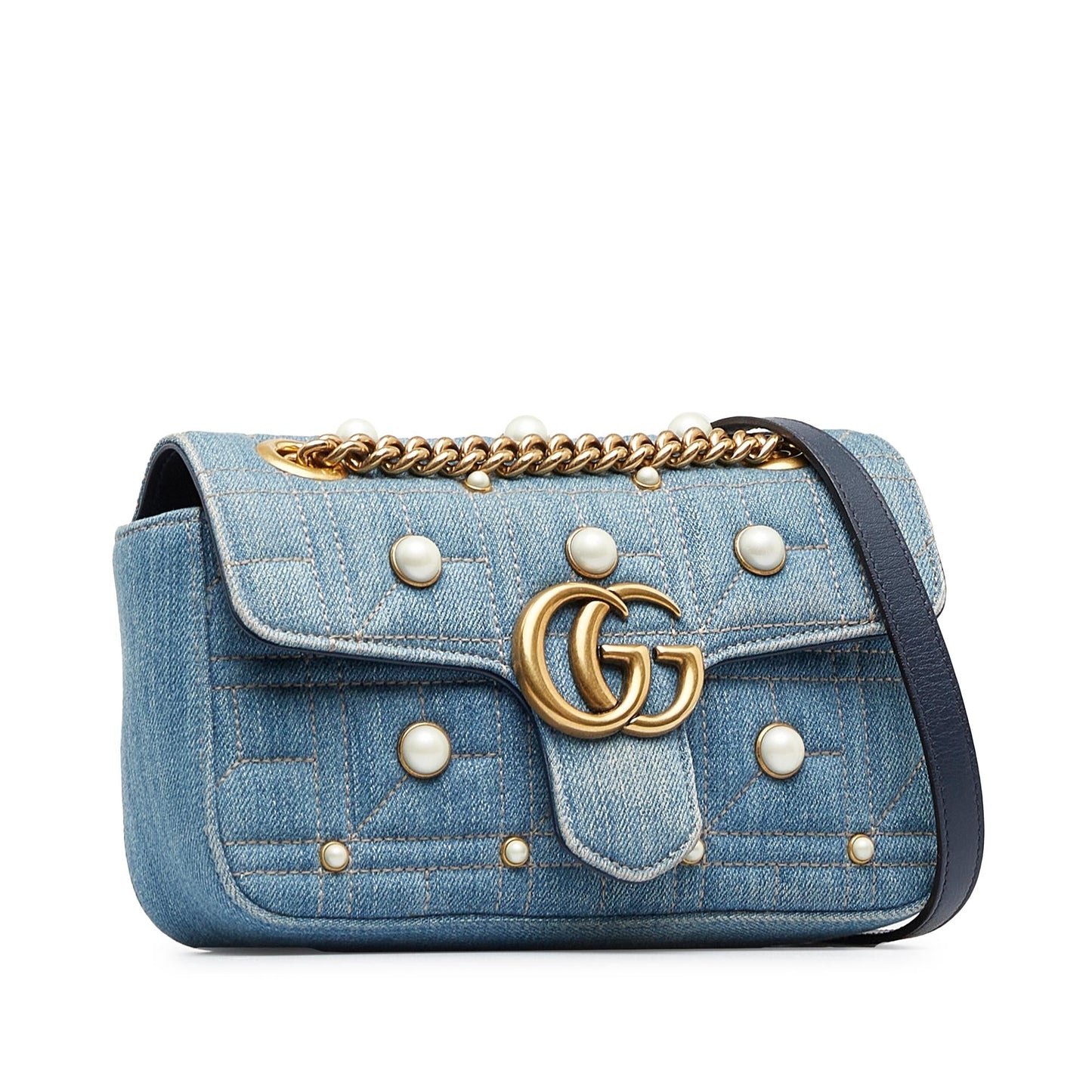 Gucci Pearly GG Marmont SHG-MEWHwS Matelasse Denim Blue Mini Shoulder Bag