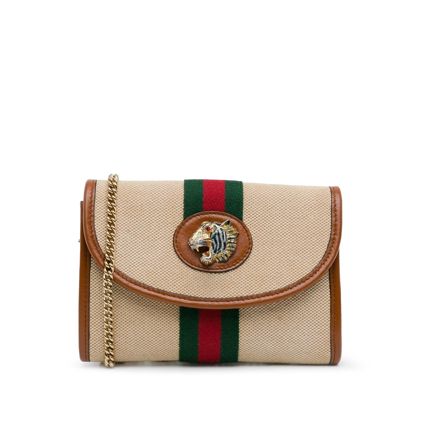 Gucci Rajah Web Chain Canvas Calf Brown Mini Crossbody Bag