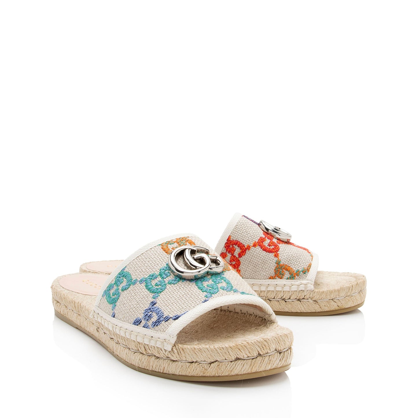 Gucci Multicolor GG Espadrille Slides - Leather Canvas Raffia White Shoes