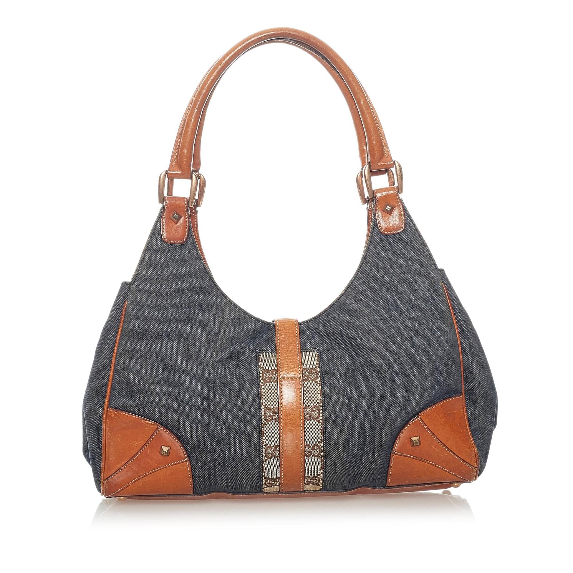 Gucci Nailhead New Jackie SHG Denim Calf Brown Blue Shoulder Bag