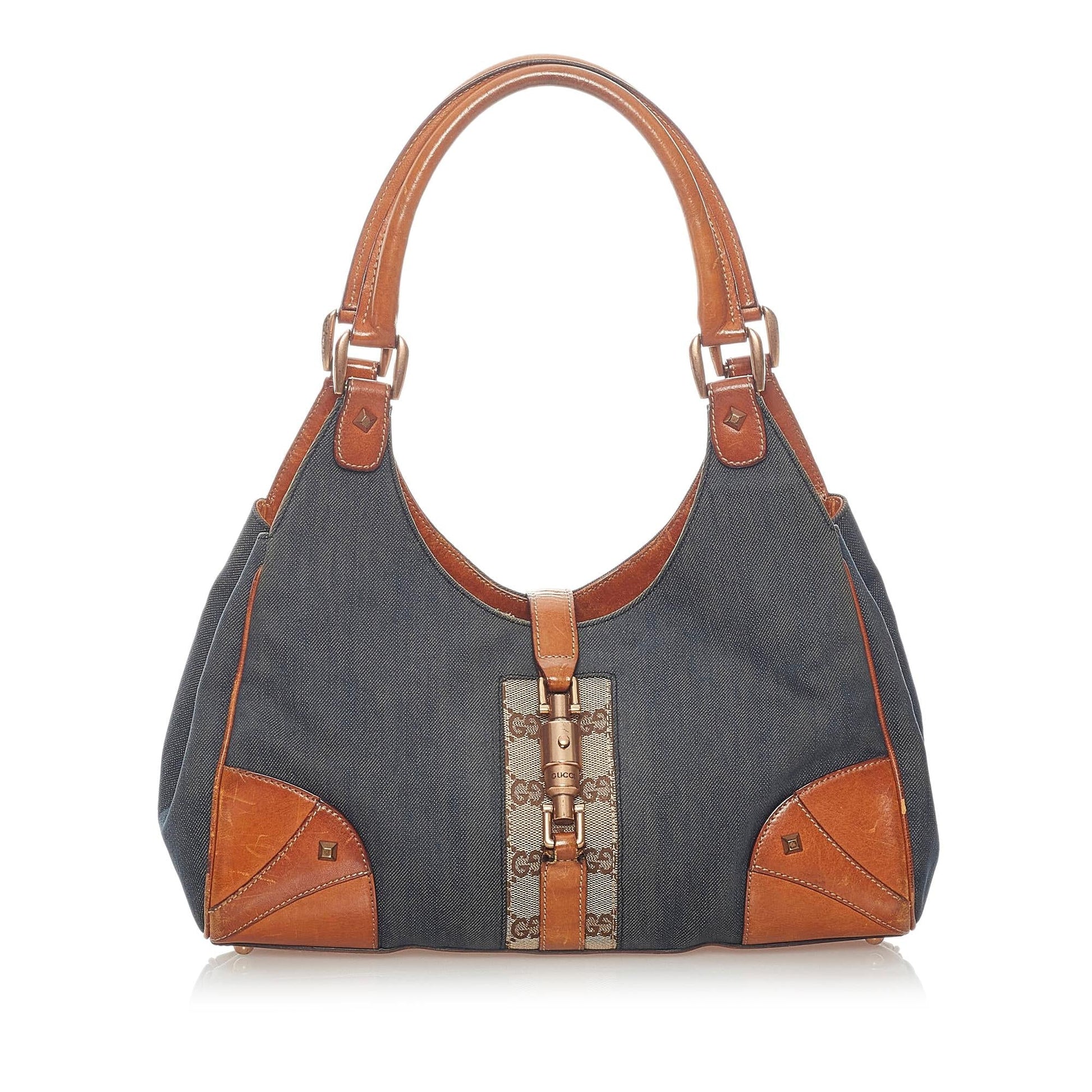 Gucci Nailhead New Jackie SHG Denim Calf Brown Blue Shoulder Bag