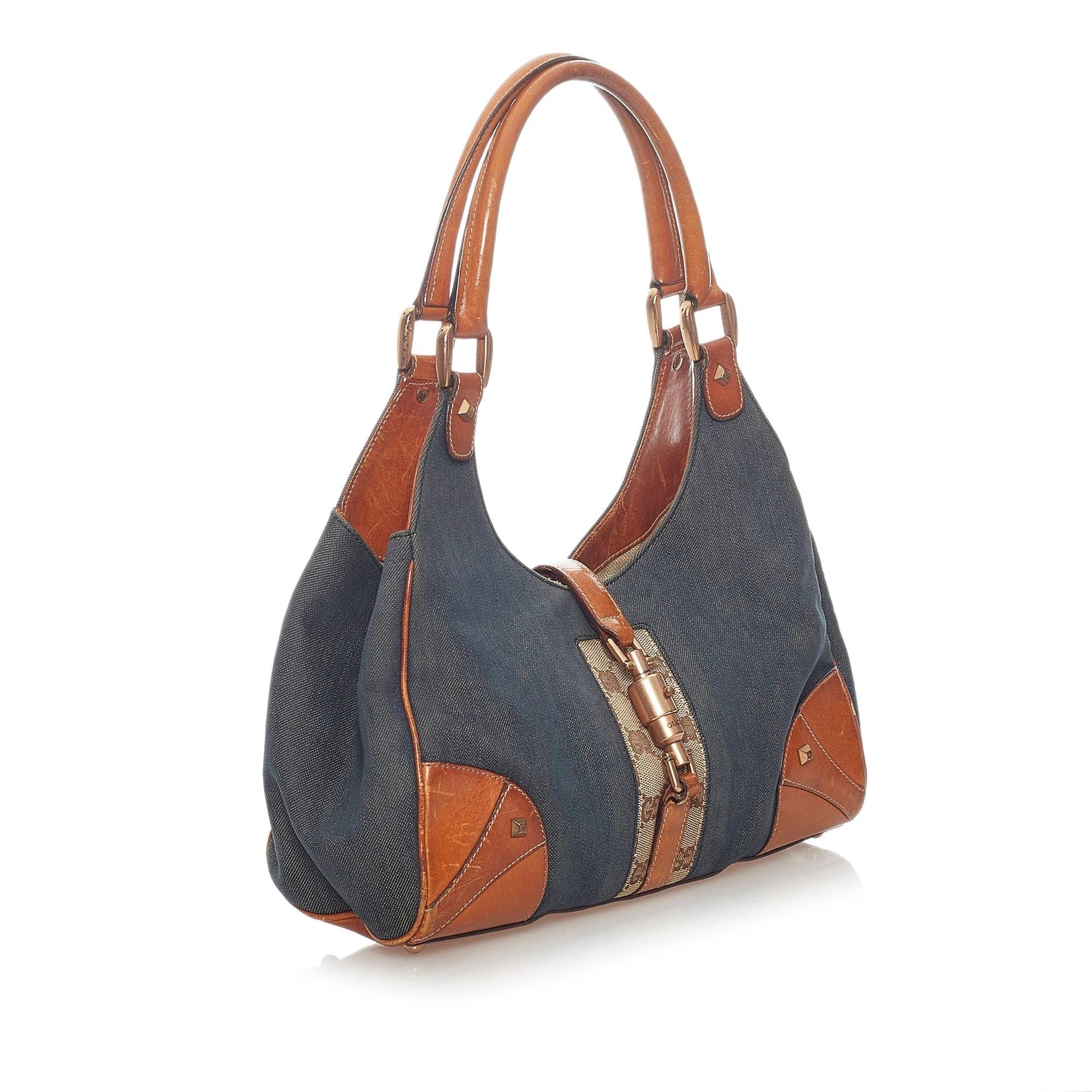 Gucci Nailhead New Jackie SHG Denim Calf Brown Blue Shoulder Bag