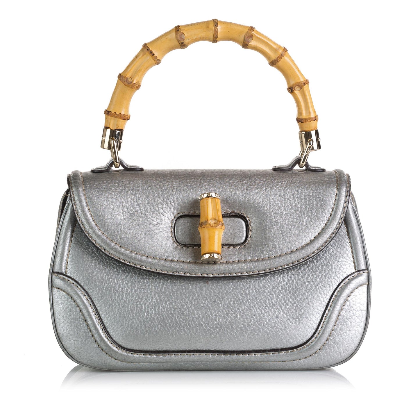 Gucci New Bamboo SHG Leather Calf Silver Satchel Bag