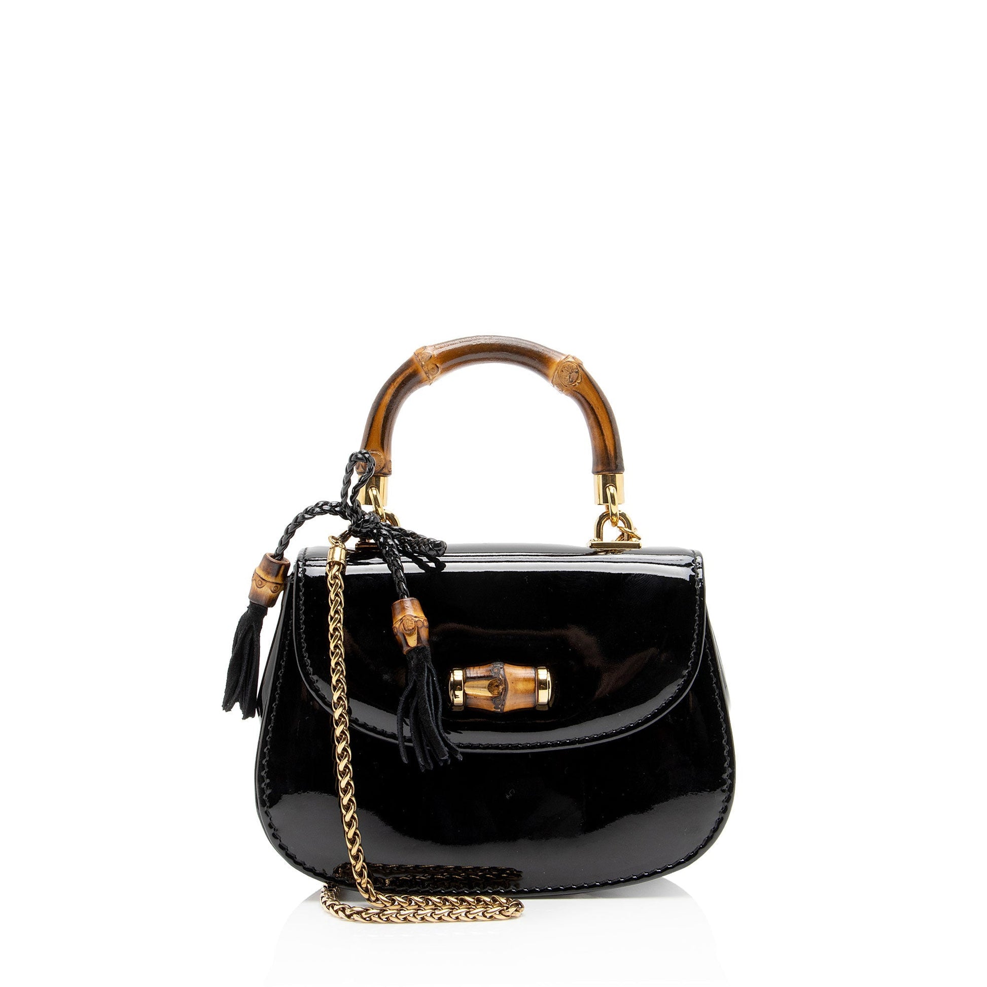 Gucci Bamboo Night Evening Leather Patent Black Crossbody Bag