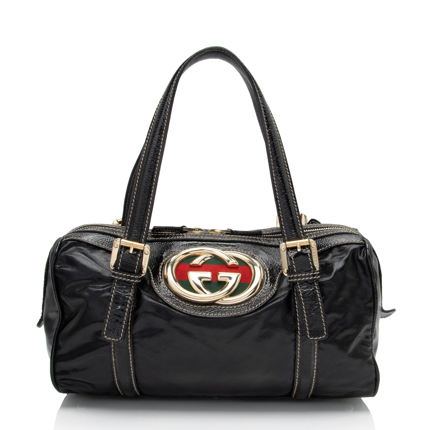 Gucci Britt Boston Leather Canvas Nylon Patent Satchel Bag