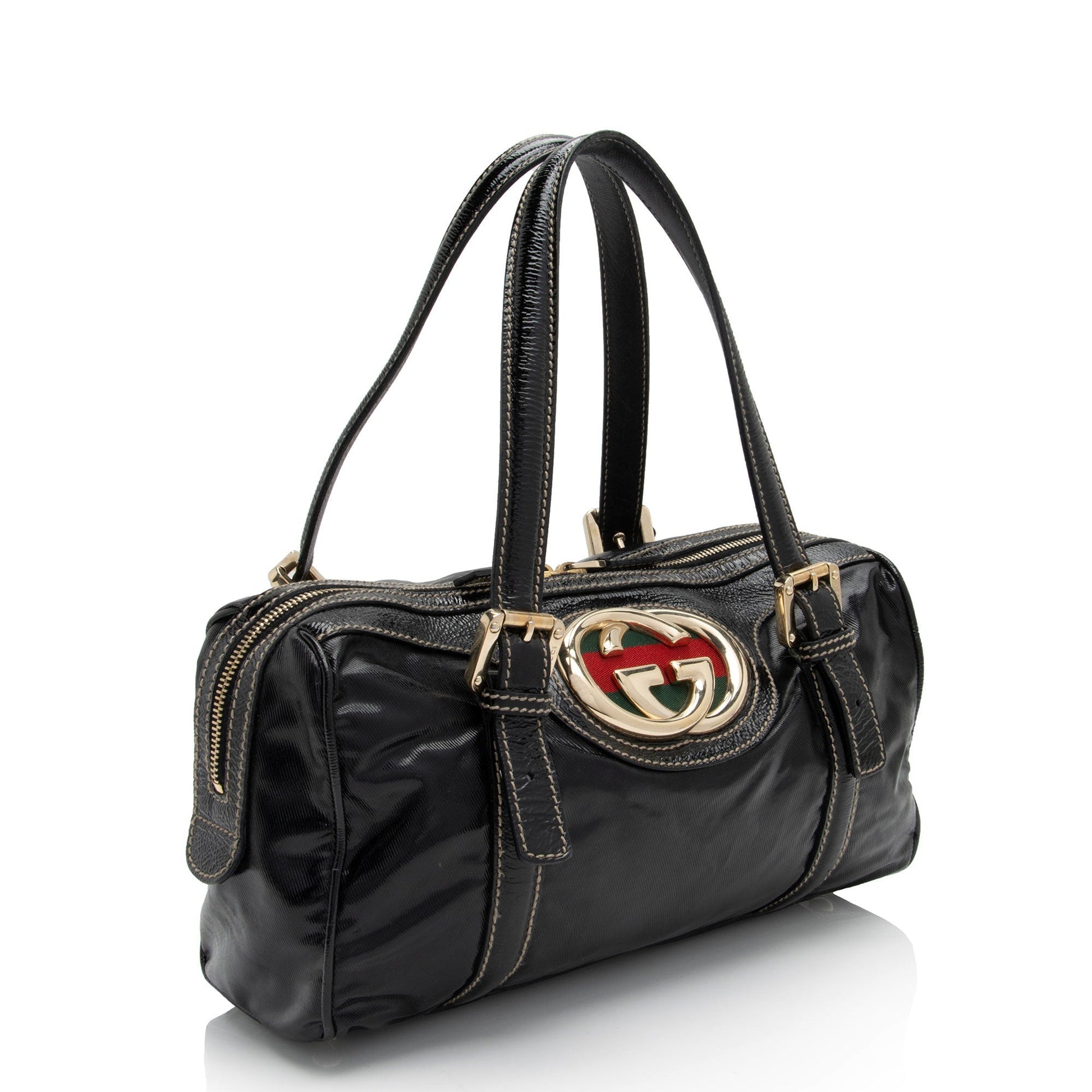 Gucci Britt Boston Leather Canvas Nylon Patent Satchel Bag