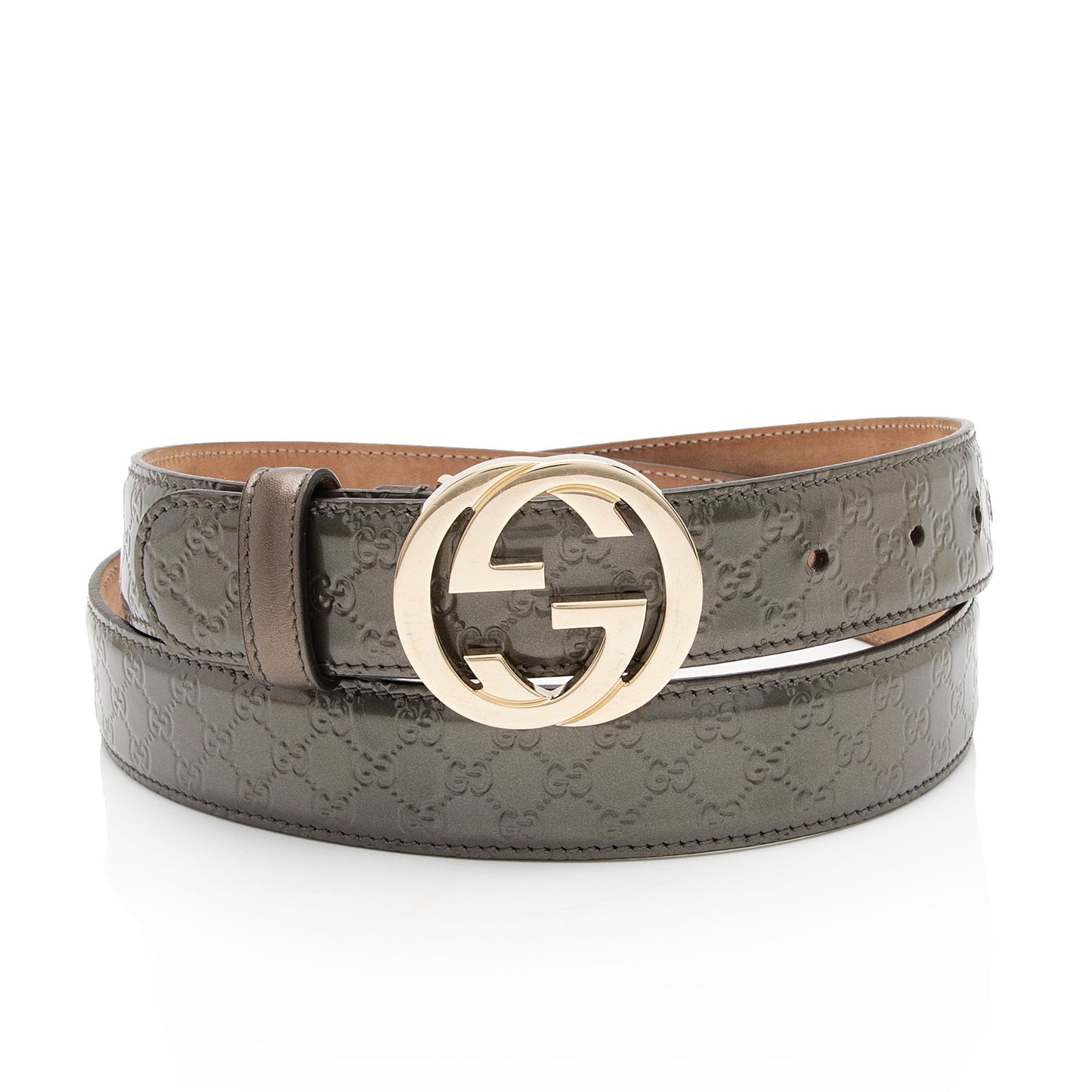 Gucci Microguccissima Interlocking G Narrow Belt Leather Patent Grey Accessory