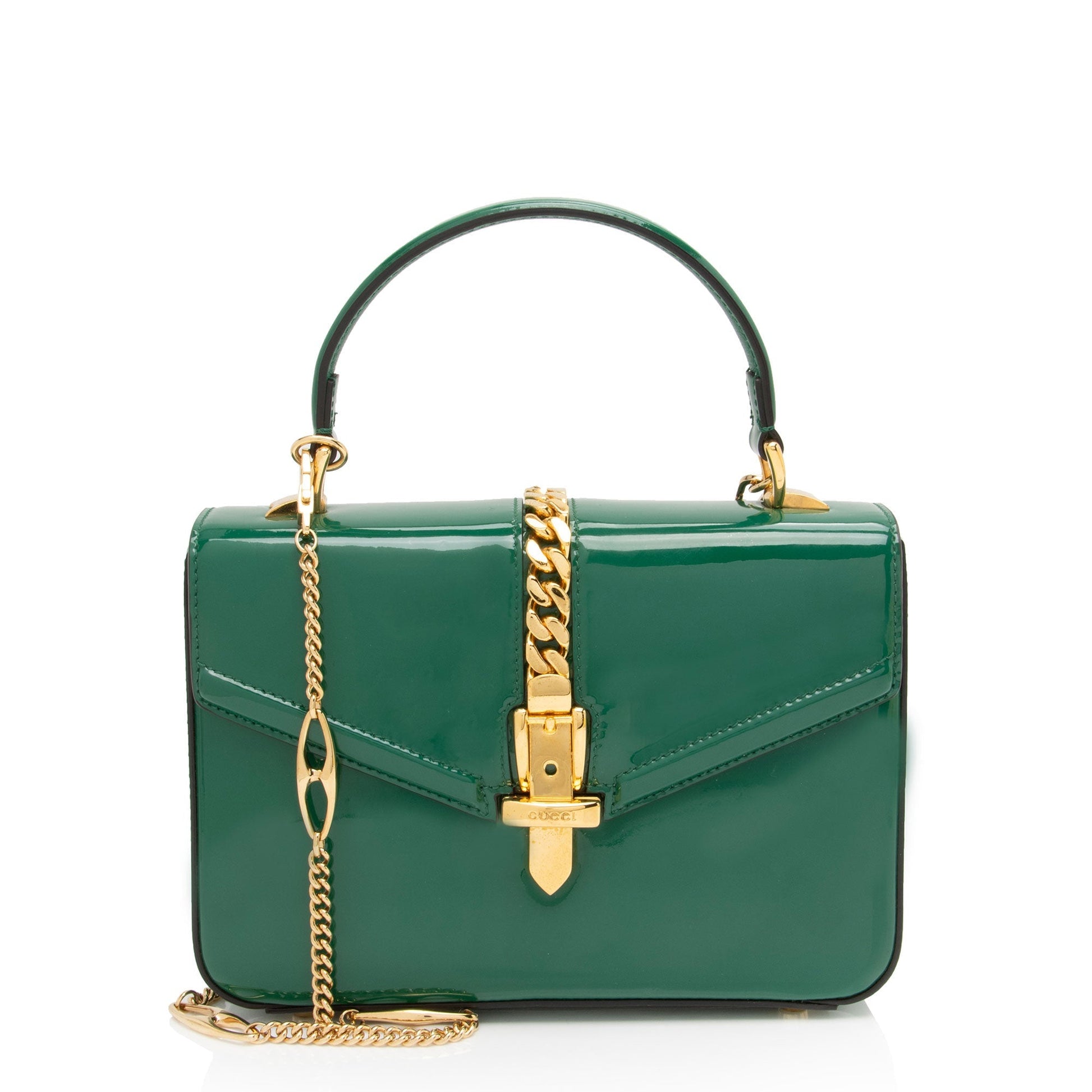 Gucci Sylvie Top Handle SHF-iiXdUI Leather Patent Green Mini Satchel Bag