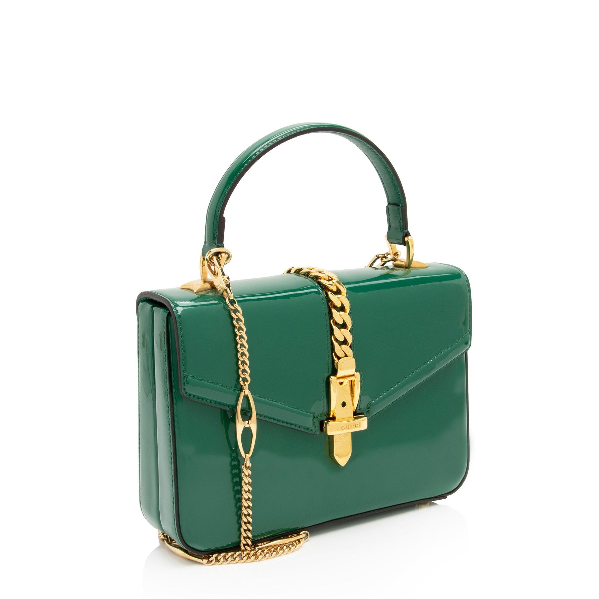 Gucci Sylvie Top Handle SHF-iiXdUI Leather Patent Green Mini Satchel Bag