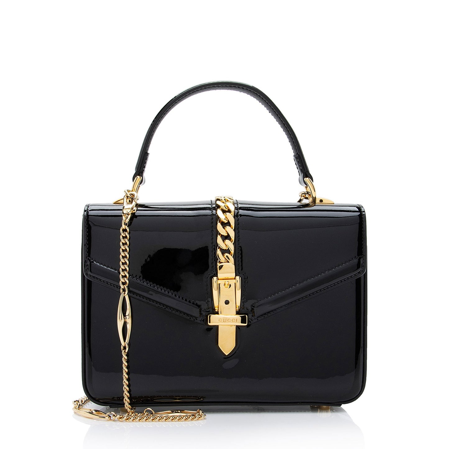 Gucci Sylvie Top Handle Leather Patent Black Mini Satchel Bag Shf Lrhvs4
