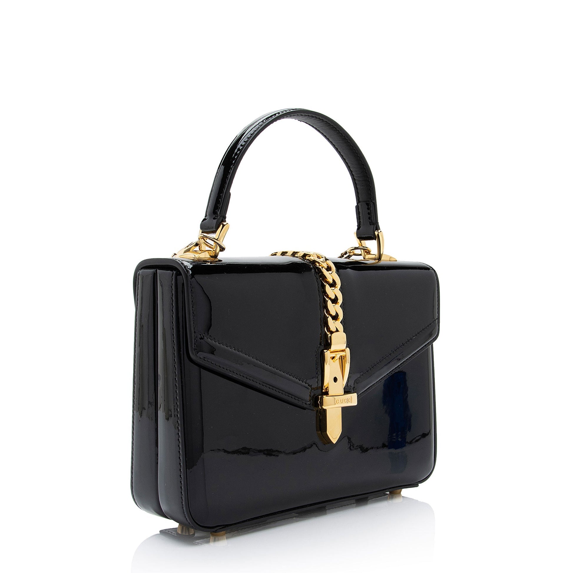 Gucci Sylvie Top Handle Leather Patent Black Mini Satchel Bag Shf Lrhvs4
