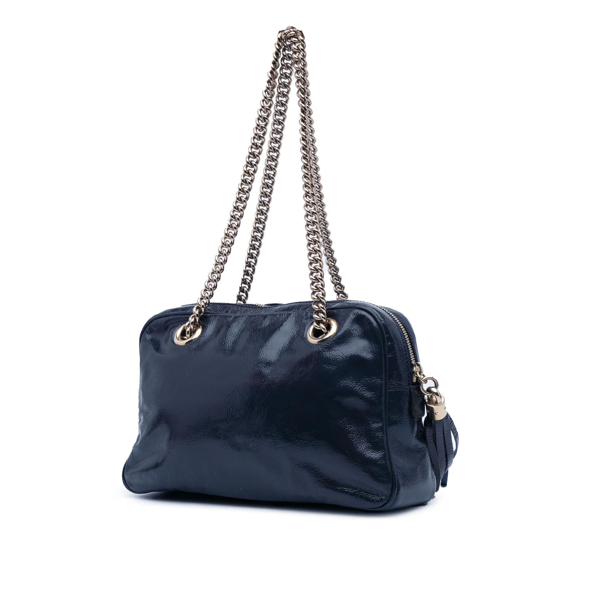 Gucci Soho Zip Leather Patent Blue Chain Shoulder Bag